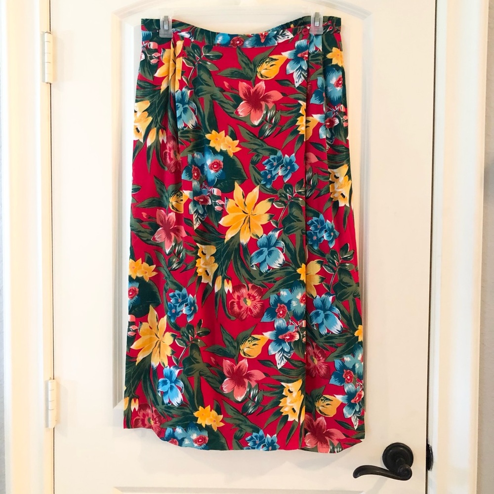 Vintage Red Tropical floral print wrap maxi skirt size 16 by Requirements